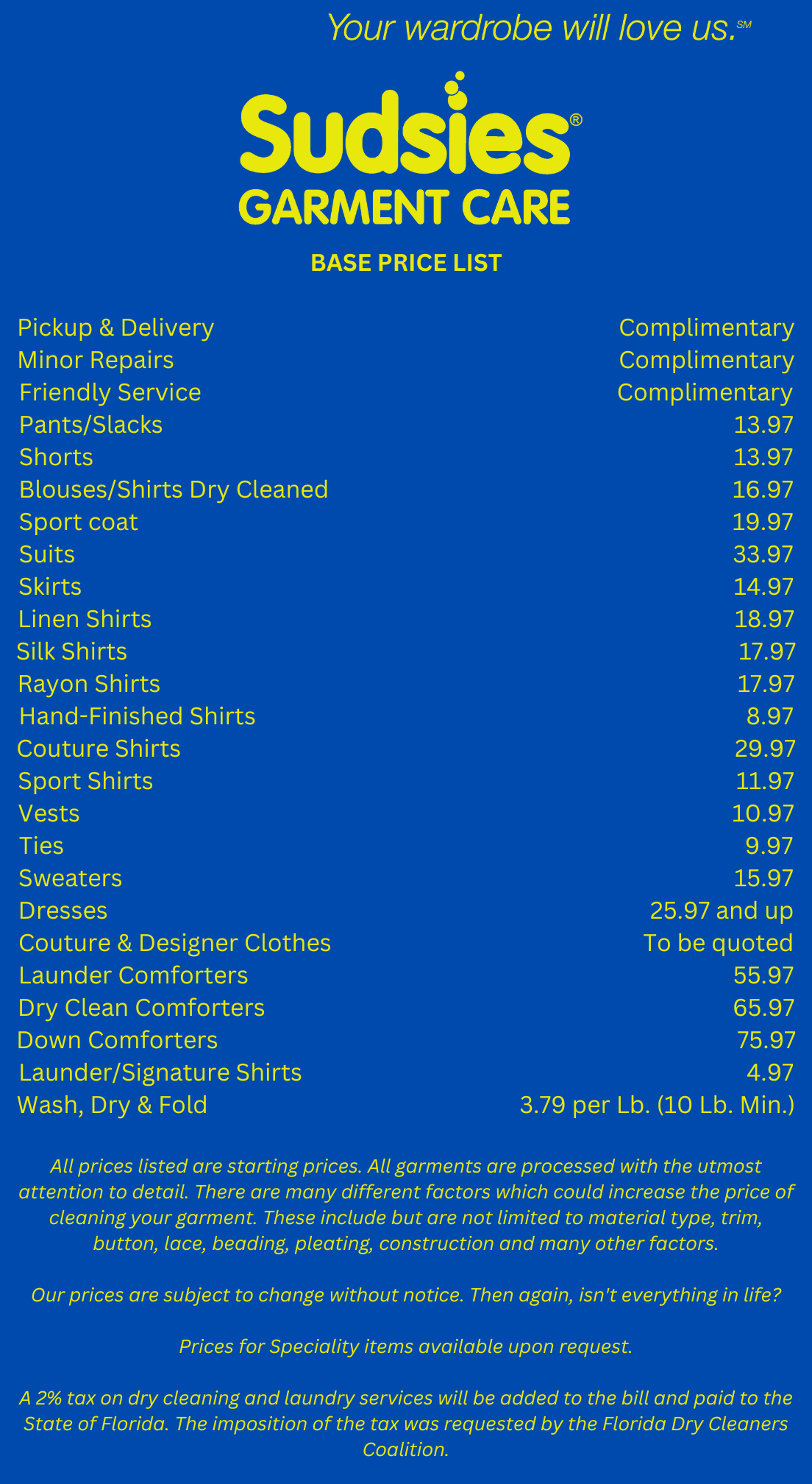 Sudsies.com Base Price List